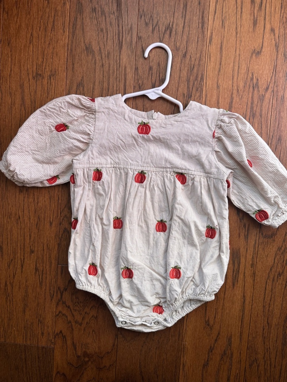 Pink Chicken Cream Gingham Romper with Red Pumpkin Embroidery